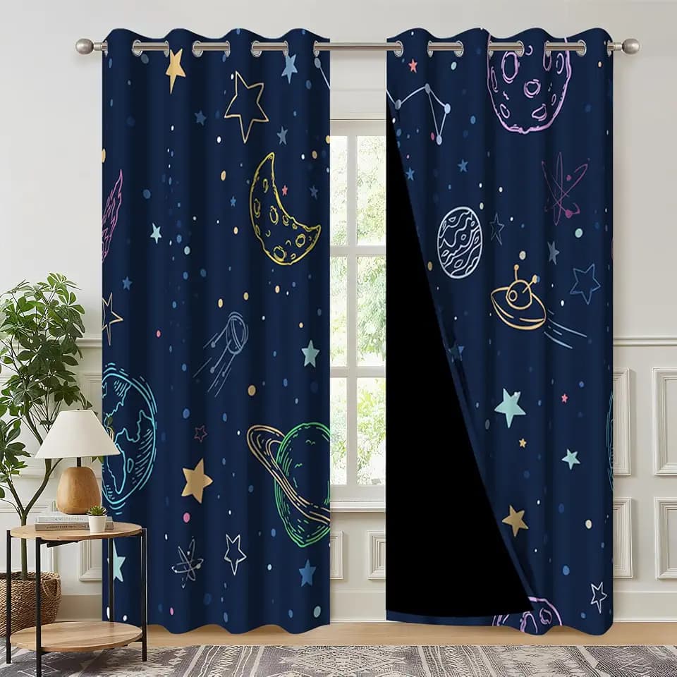 Drawing Universe Blackout Curtains, Starry Sky Planet Moon Window Drapes for Boys Bedroom Decor, Cartoon Curtain Panel with Thermal Insulated Grommet,2 Panels,Each W21 xL45