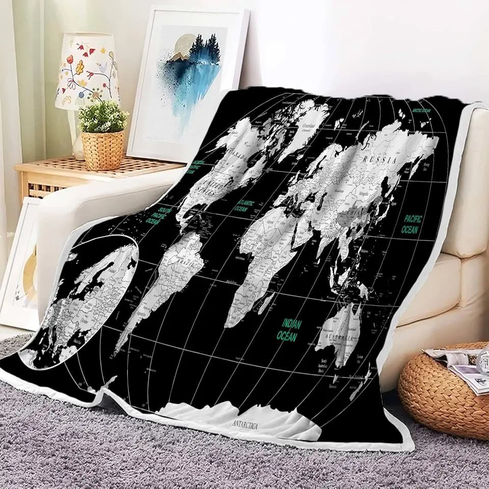JAWO World Map Throw Blanket, Countries and Major Cities Blankets for Teens Kids Boys Girls, Map of The World Throw Blanket for Couch Sofa Bed Travel Camping, 60X70in, Black and White