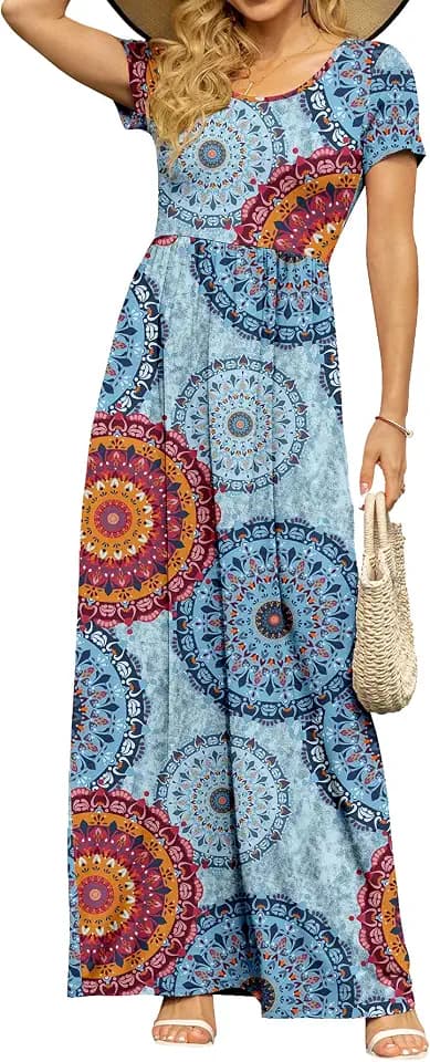 DB MOON Women's Summer Maxi Dress Casual Short Sleeve Empire Waist Pockets
