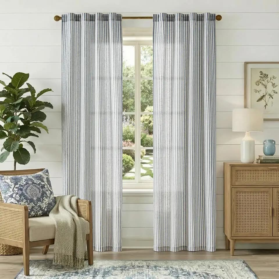 jinchan Linen Curtains 84 Inch Blue Stripe on Beige Back Tab 2 Panels