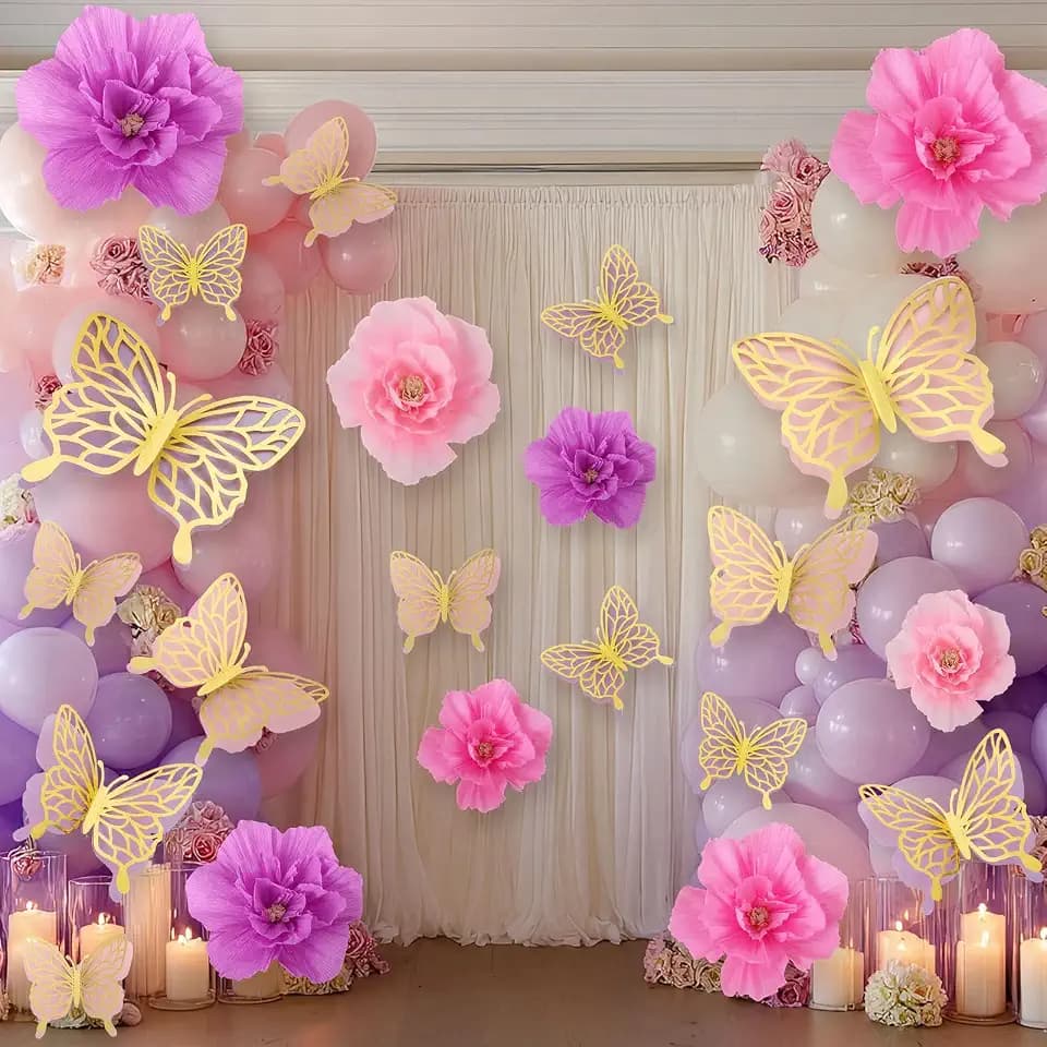 Honoson 22 Pcs 3 Sizes Large Butterfly Party Decorations, Gold, Purple