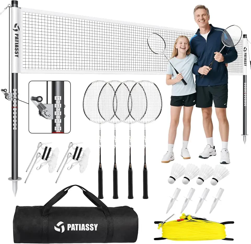 Professional Badminton Set with Net, Carbon Fiber Rackets Set of 4