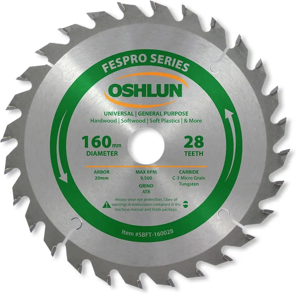Oshlun SBFT-160028 160mm 28 Tooth FesPro General Purpose ATB Saw Blade with 20mm Arbor for Festool TS 55 EQ, DeWalt DWS520, and Makita SP6000K