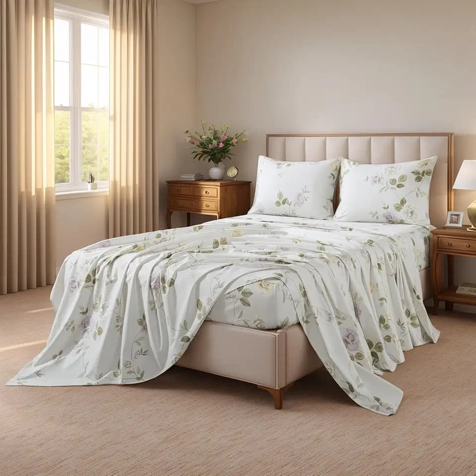 FADFAY Twin Size Floral Sheet Set 100% Percale Cotton Bed Sheets, Vintage Rose Print Deep Pocket Fitted Sheet, Cooling & Breathable for Hot Sleepers Shabby Chic Bedding for All Seasons 4-Piece Set