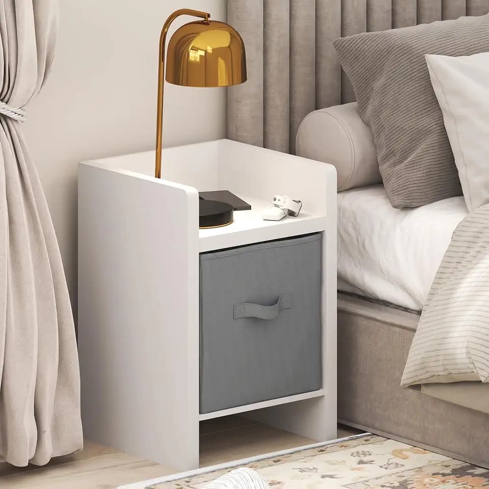 Furinno Viola Thick Frame Night Stand with Storage Bin, White