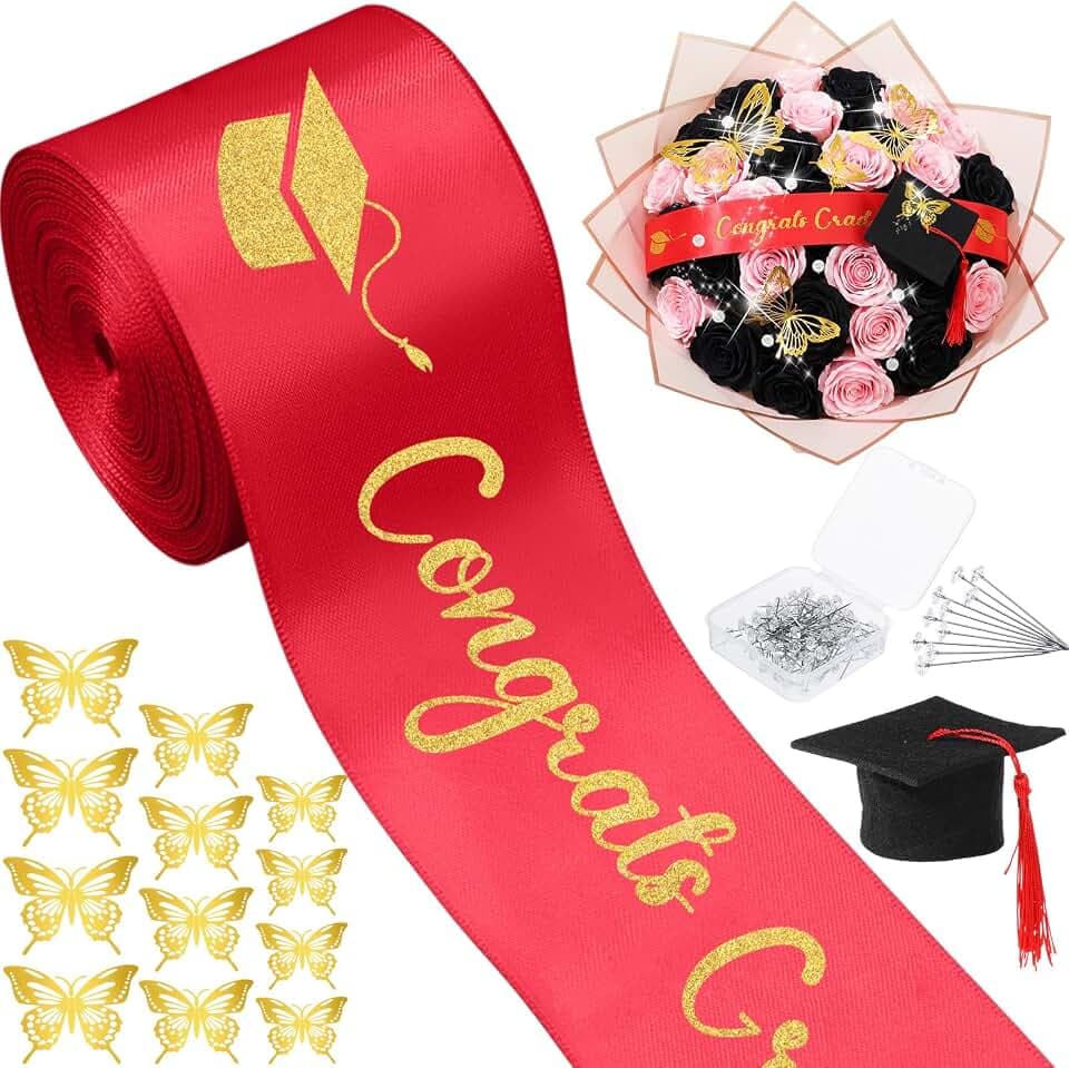 Zeyune 114 Pcs 2026 DIY Graduation Bouquet Set Red Ribbon with Glitter Gold Congrats Grad Mini Graduation Caps with Tassel Gold Butterfly Decor Diamond Pins for Graduate DIY Flower Gift