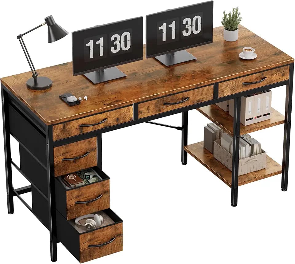 OLIXIS 55 Inch Computer Desk with 6 Fabric Drawers, for Home Office Work