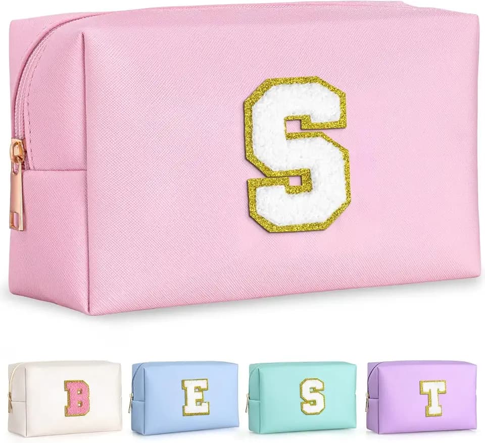 TOPEAST Birthday Gifts for Women Teen Girls - 4 5 6 7 8 9 10 11 12 Year Old Girls Birthday Gifts, Travel Makeup Bag, Initial Cosmetic Bag Toiletry Pouch (Pink S)