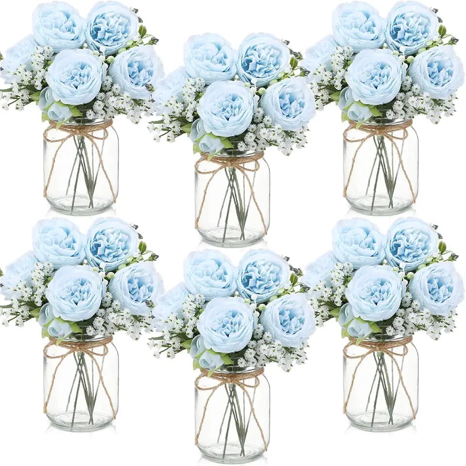 Zeyune 6 Sets Mason Jar Flowers Centerpiece Table Decorations,Blue