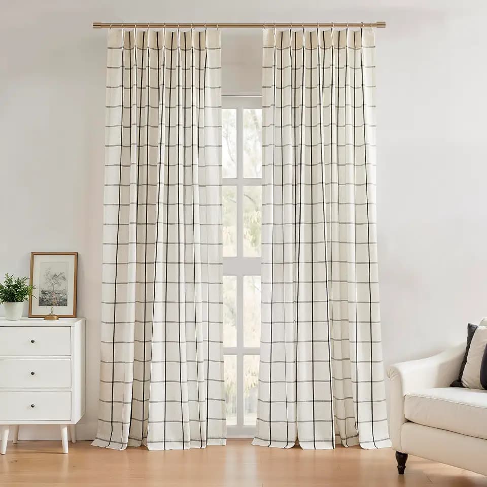 Central Park Charcoal Black Plaid Pinch Pleat Semi Sheer Curtain, 40"x90"x2