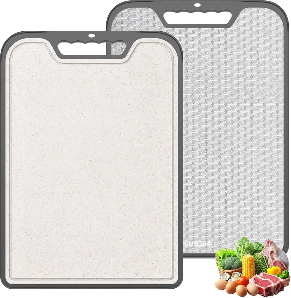 2-in-1 Double Sided Cutting Board, SUS304 Stainless Steel & Wheat Straw Cutting Board, Non-Slip Kitchen Chopping Board for Meat, Vegetables, Fruits, Dishwasher Safe(16inchX11inch)