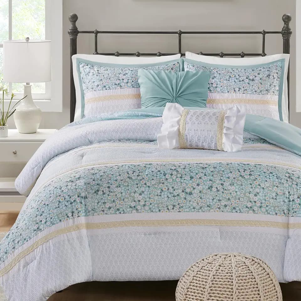 Madison Park Seersucker Floral Coverlet Aqua Queen Comforter Set, 5pc