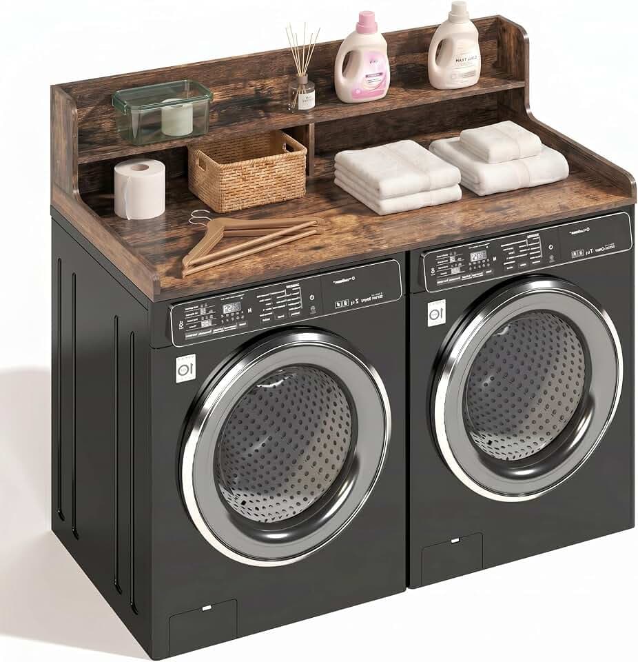 2 Tier Washer Dryer Countertop with 2.8" H Edge Rails, 54" W x 27.5" D Wood Laundry Countertop for Folding Clothes, Washer and Dryer Topper with Non-Slip Pad, Brown
