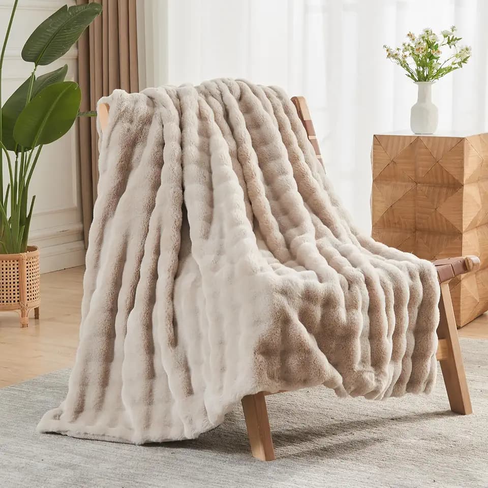 NEWCOSPLAY Faux Fur Fluffy Bubble Twin Blanket for Couch, Linen, 60"x80"