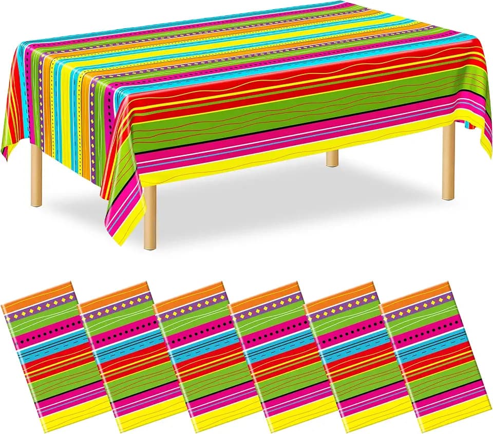 6 Pcs Mexican Party Decorations, 54"X108" Disposable Fiesta Tablecloths, Colorful Mexican Striped Tablecover Plastic Tableware Fiesta Decor for Cinco De Mayo, Taco Night, Mexico Themed Party Supplies