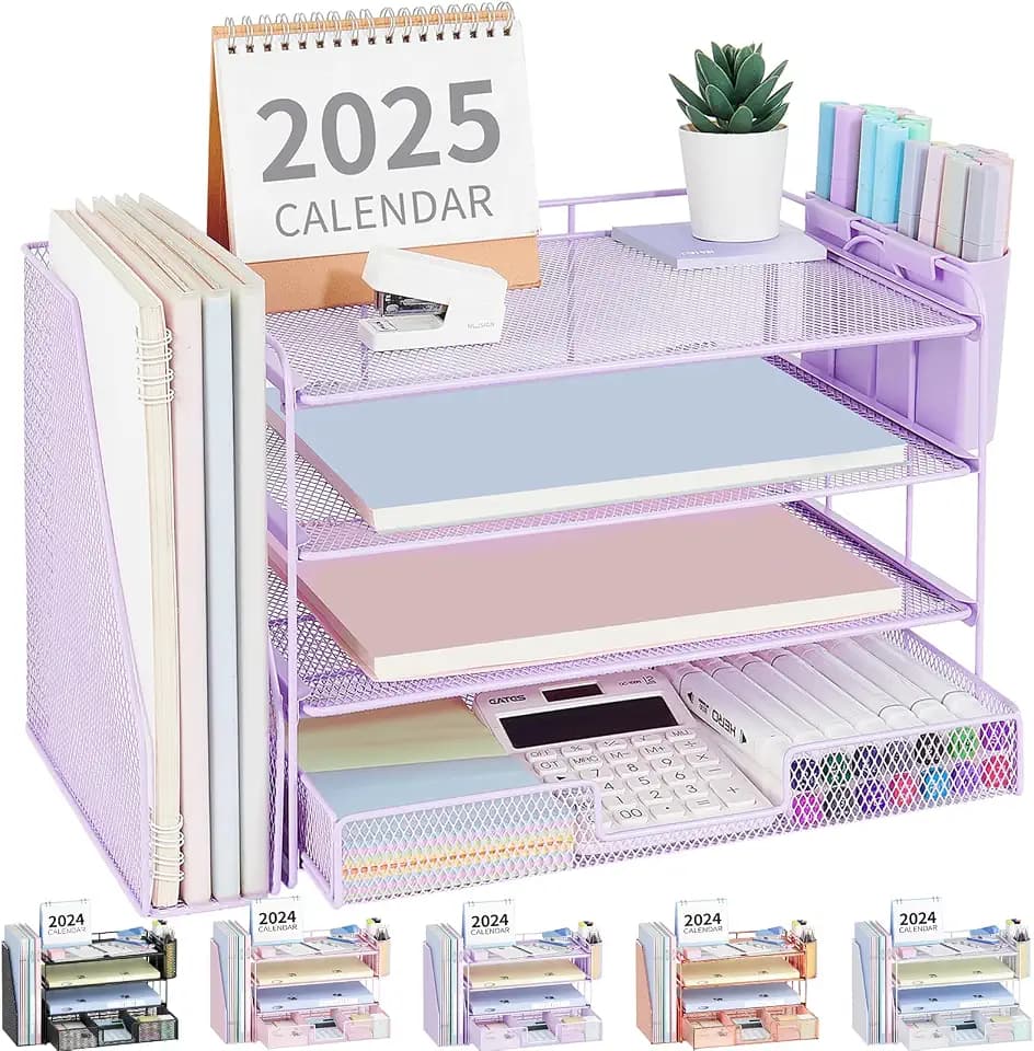 OPNICE Desk Organizer, 4-Tier Desktop File Organizer with Drawer and Pen Holders, Office Desk Accessories, File Sorters, Workspace Organizers for Office Supplies(Purple)