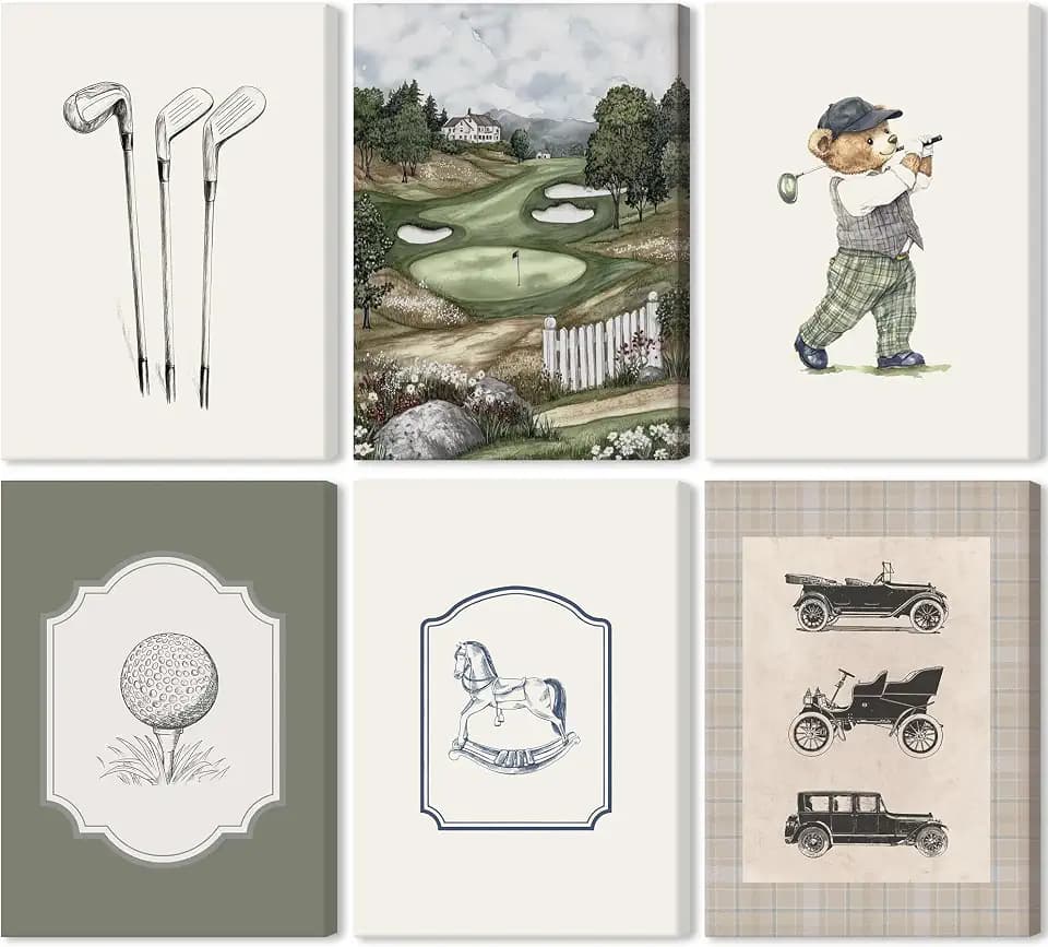 6 Pcs Vintage Teddy Bear Nursery Golf Wall Art Sage Green Kids Sports Wall Decor Pictures Vintage Cars Canvas Posters Prints for Boys Kids Toddler Room Home Decoration 8x10 in