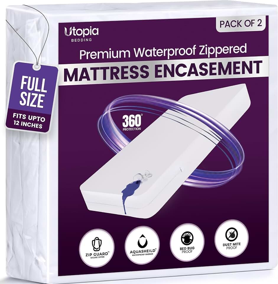 Waterproof Zippered Mattress Protector Full Pack of 2, 12" Deep Pocket