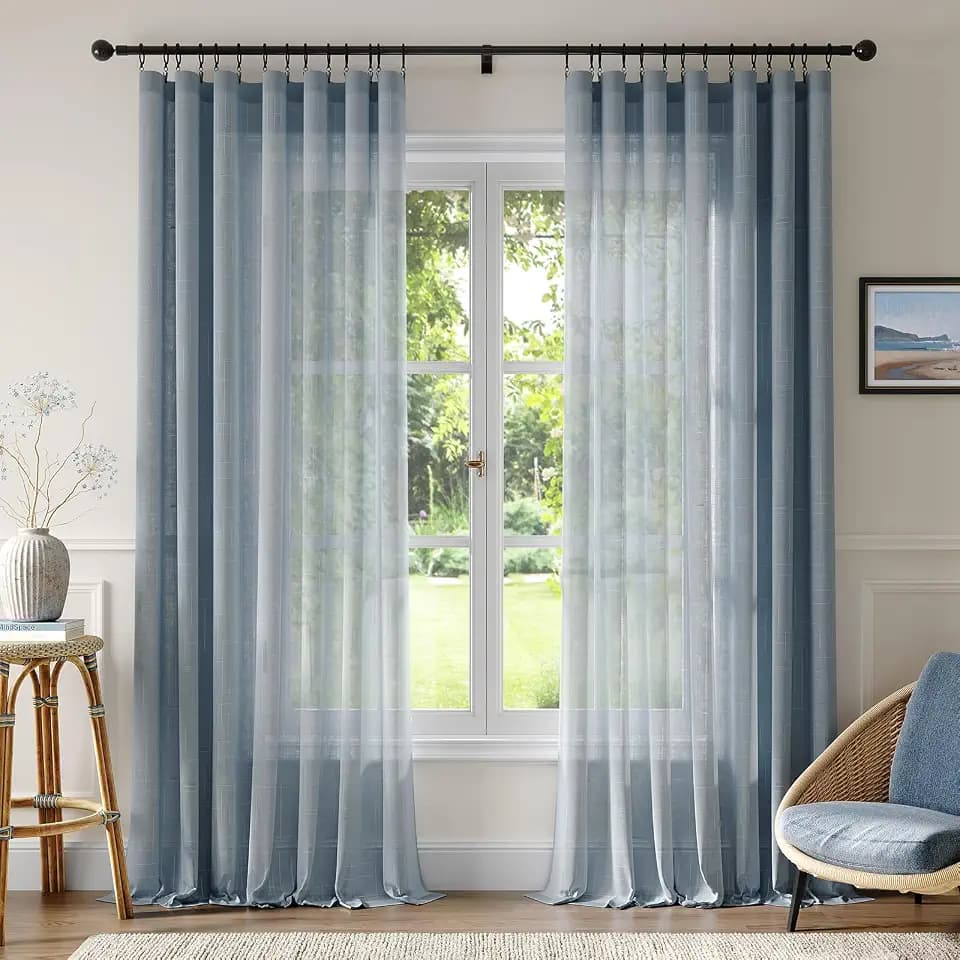 Anmao Natural Linen Curtains for Living Room 108 Inch Length 2 Panels Set, Light Filtering Semi Sheer Window Curtain Drapes for Bedroom with Curtain Rings and Clips, 52 Inch Wide Each Panel, Haze Blue