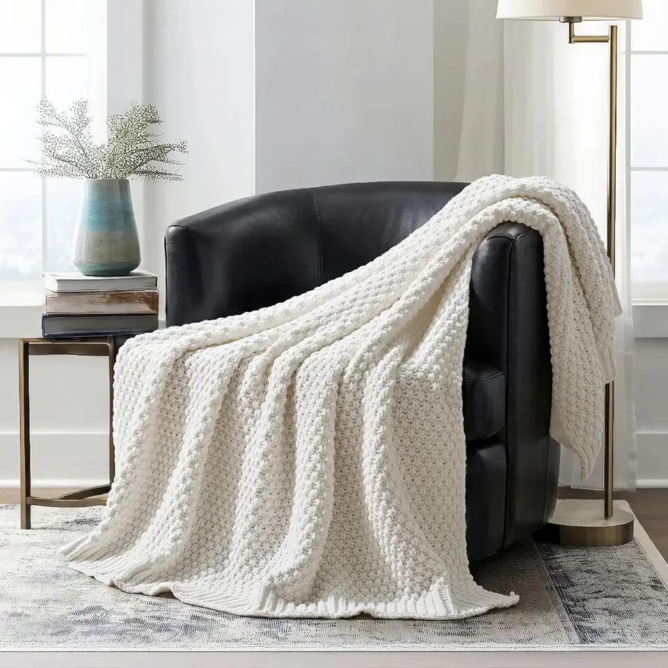 EVERGRACEHOME Chunky Chenille Knit Throw Blanket, 60 x 80, Bright White