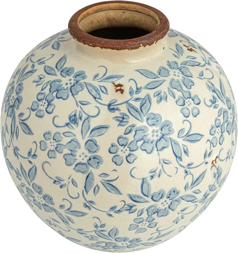Creative Co-Op DF2720 8" H Terracotta Floral Transferware Pattern & Crackle Finish Vase, Blue