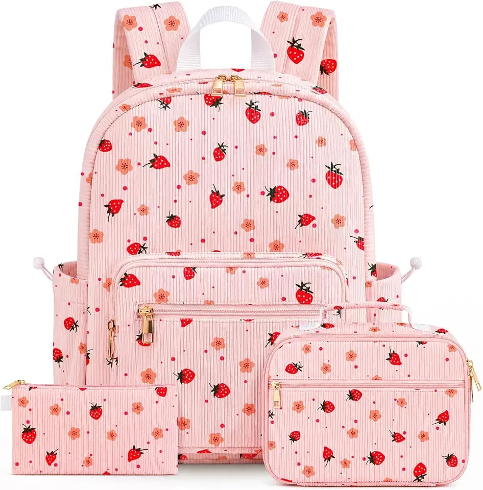 Corduroy Girls Backpack Set,Cute School Backpack for Teens Girls Kids Bookbags for Elementary High School Women Laptop Bags Daypacks Set With Lunch Bag and Pencil Case (Pink Strawberry, 3 Set)