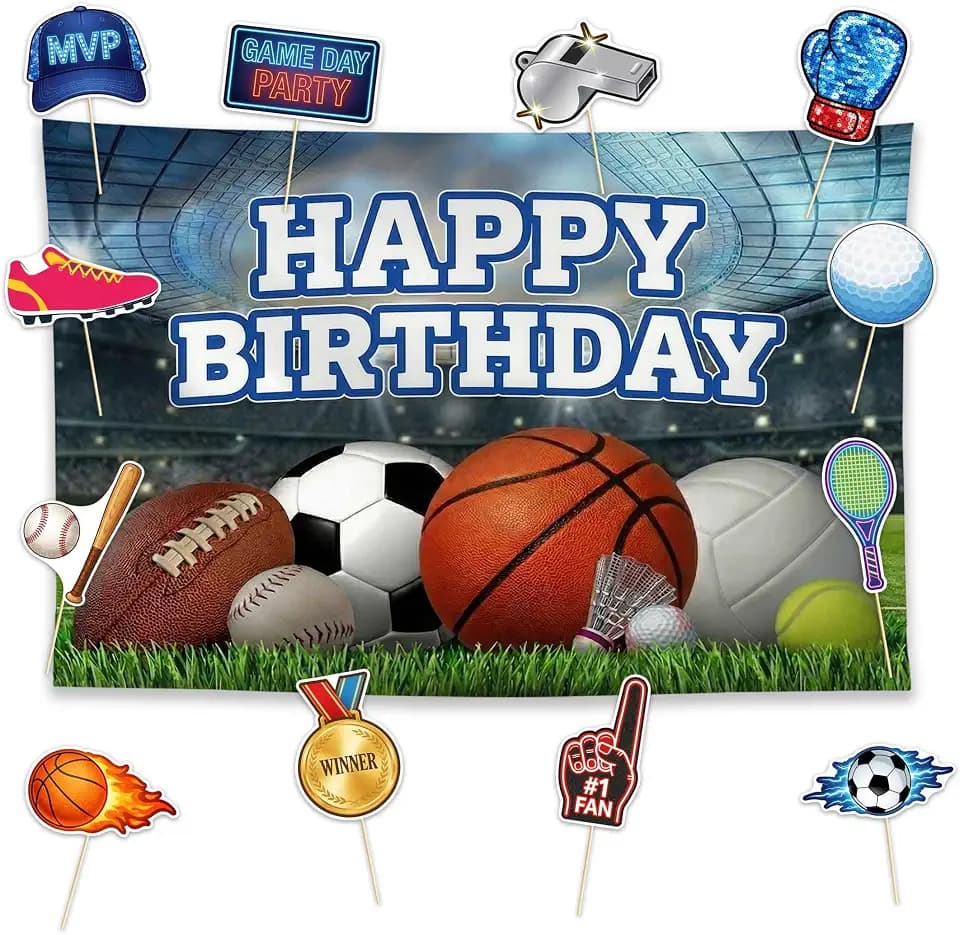 Allenjoy Sports Birthday Party Decorations Set - 13 Piece Kit with 59"x35" Backdrop, 12 Photo Booth Props, Decor Supplies, Favors for Kids Boys Girls Son Daughter