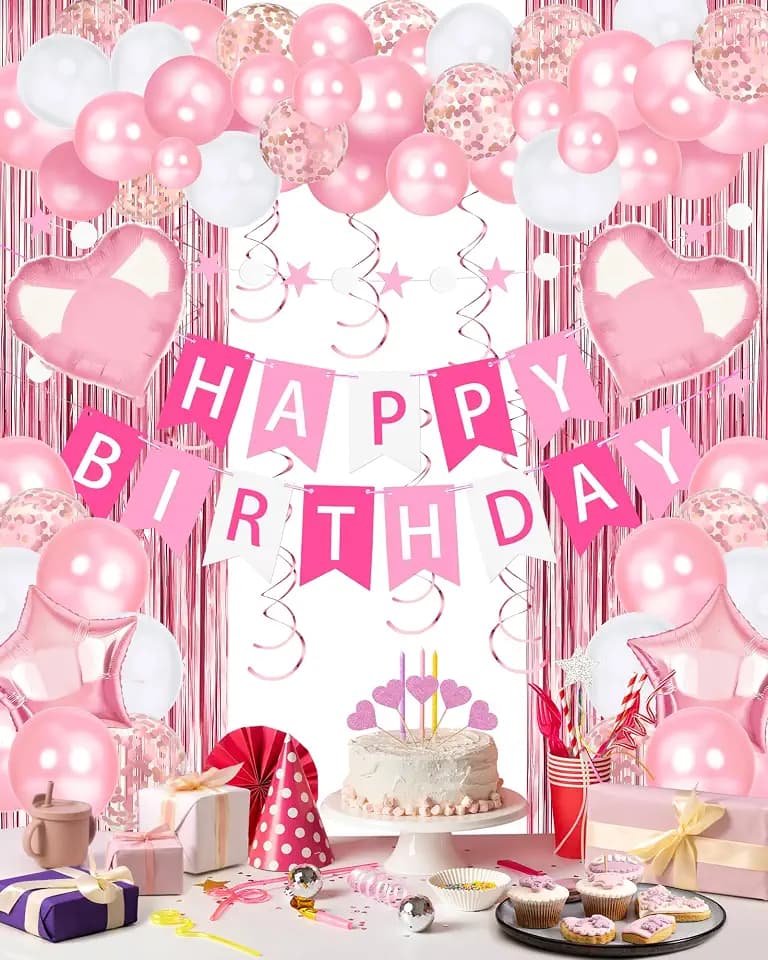 Pink Happy Birthday Party Decorations with Banner Balloons for Women Girls