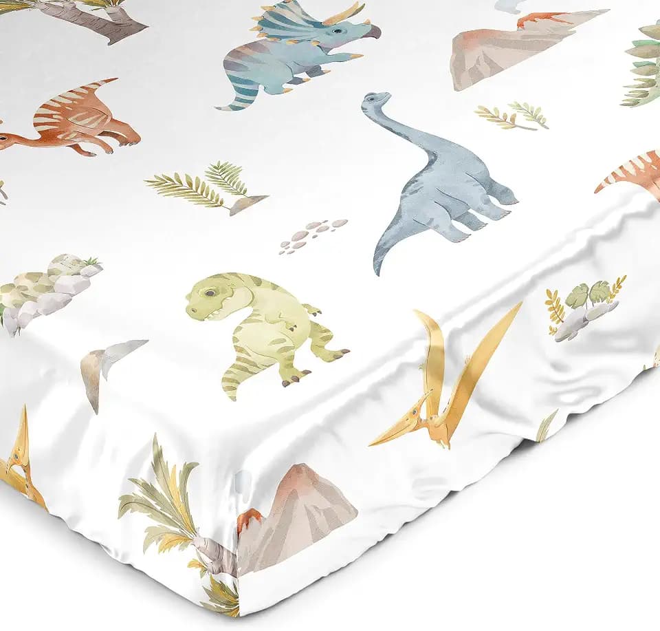 Sweet Jojo Designs Watercolor Dinosaur Dino Boy Baby Satin Fitted Crib Sheet Infant Newborn Nursery Toddler Bed Room Standard Mattress Green Slate Blue White Modern Jurassic Nature Animal Steel Tan