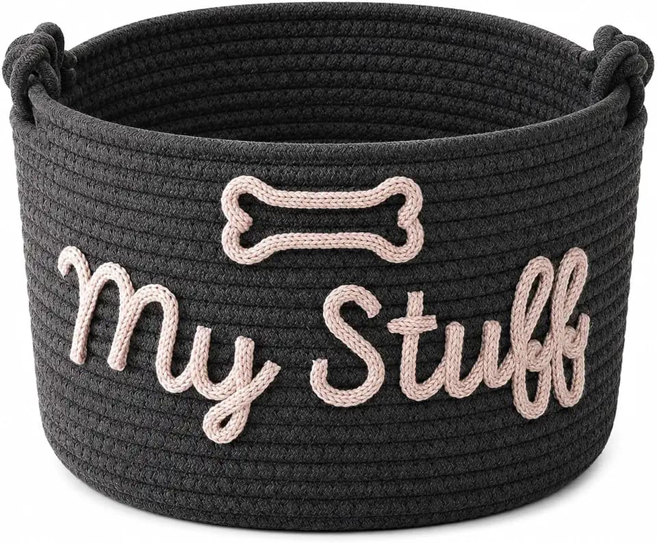 WANSHUNLMI Grey Black Pet Storage Basket with Rope Handles, Woven Dog Toy Bin, Cotton Rope Organizer, My Stuff Design with Bone, Beige Yarn (Grey Black)