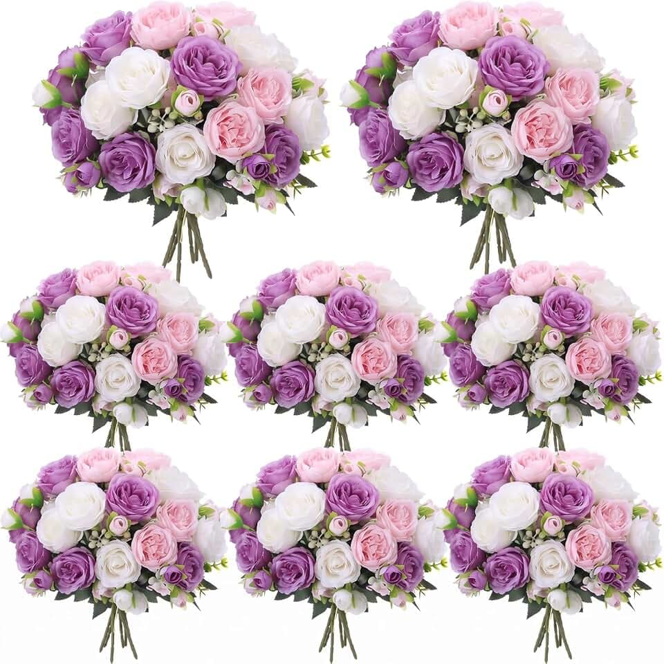 Geosar 8 Bundles Artificial Peonies Flowers,Dark Purple, Pink, White