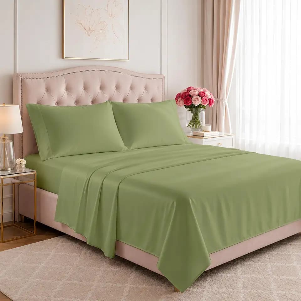Carressa Linen 1200 Series Egyptian Cotton Sheets King Size Set, Sage Green