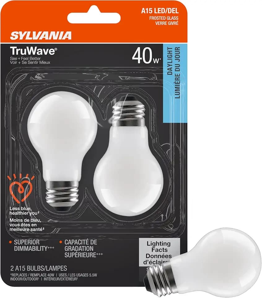 Sylvania LED TruWave Natural Series Ceiling Fan / Fixture Light Bulb, 40W A15 Daylight, Dimmable, Frosted - 2 Pack