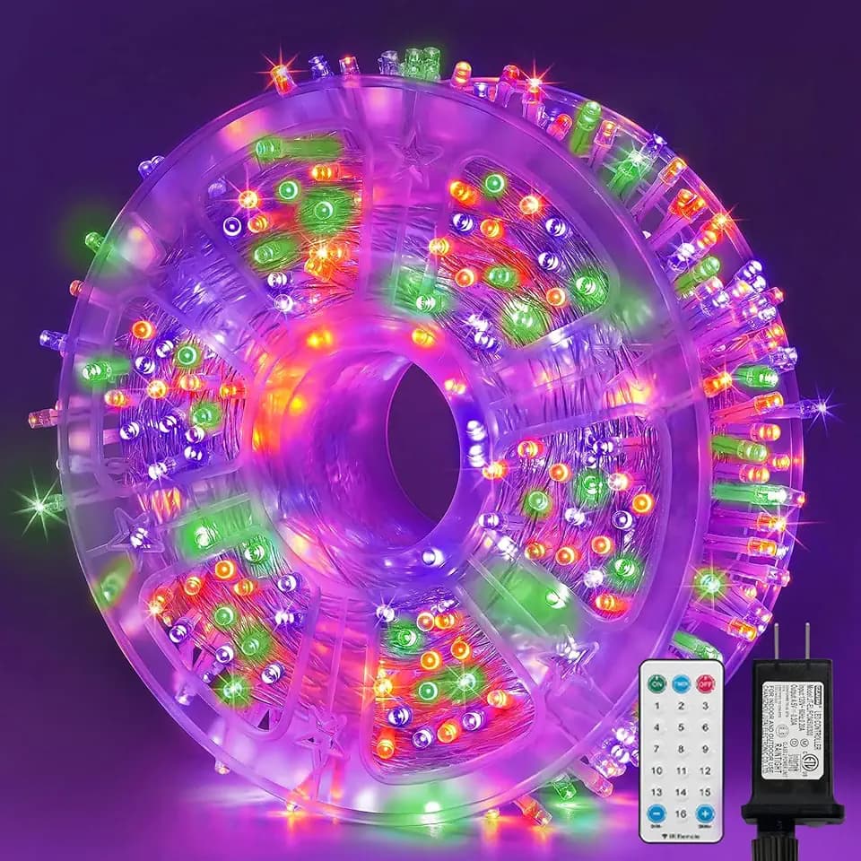 LAMPHOME 165ft Halloween Lights, 500 LED Transparent Wire Fairy Starry String Light Plug in, 16Lighting Modes for Indoor Outdoor Xmas Tree Wedding Party Decoration (Orange Purple Green)