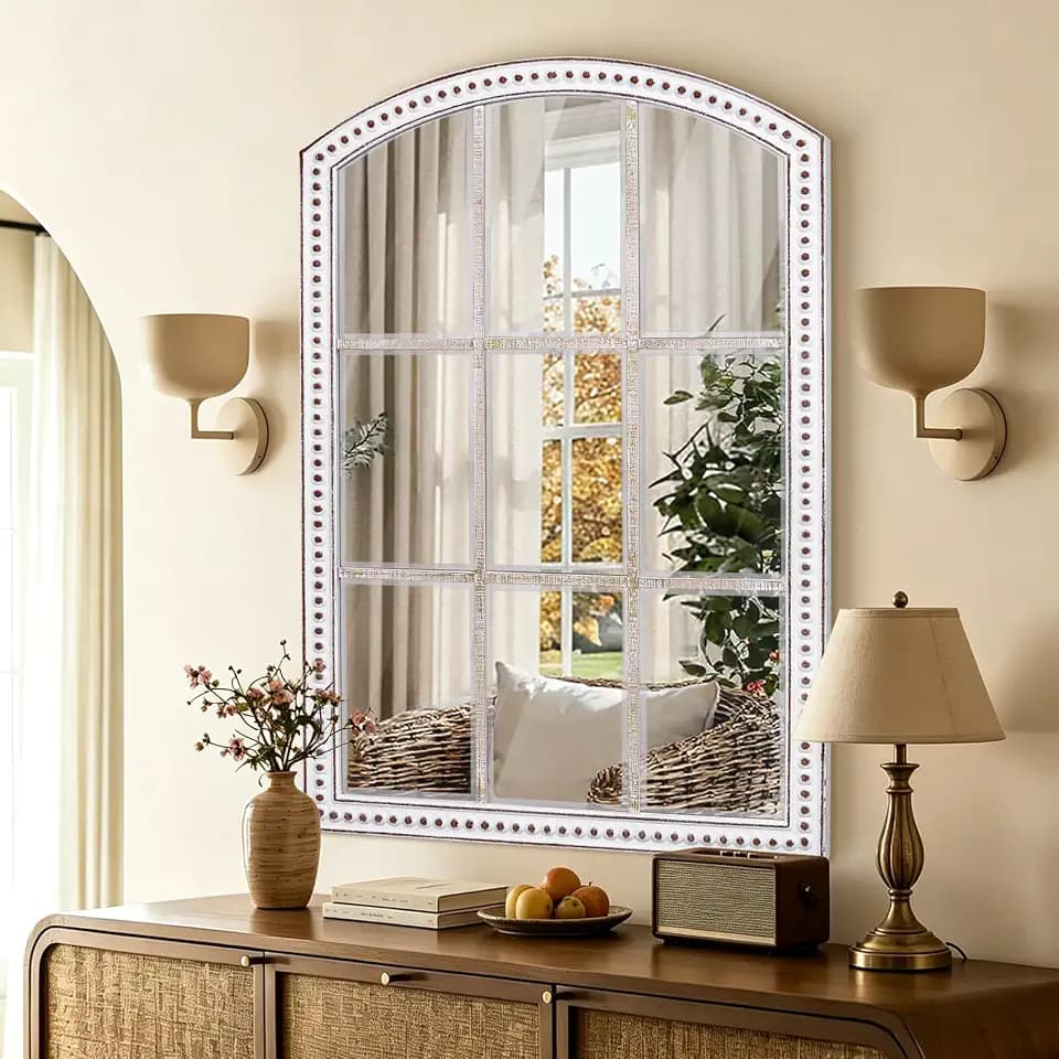 Distressed Wooden Arched Mirror: 36x24 Inch Arch Window Mirror for Wall