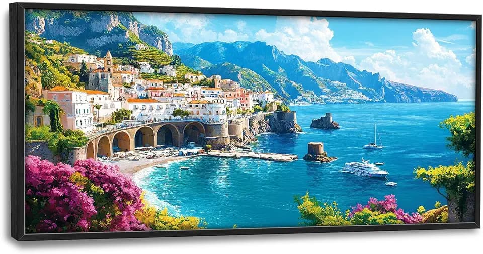 Amalfi Coast Wall Art Italy Coastal Pictures Wall Decor Large Italian Landscape Canvas Prints Framed Artwork Paintings for Living Room Dinning Room Bedroom Bathroom Office 60"x30"