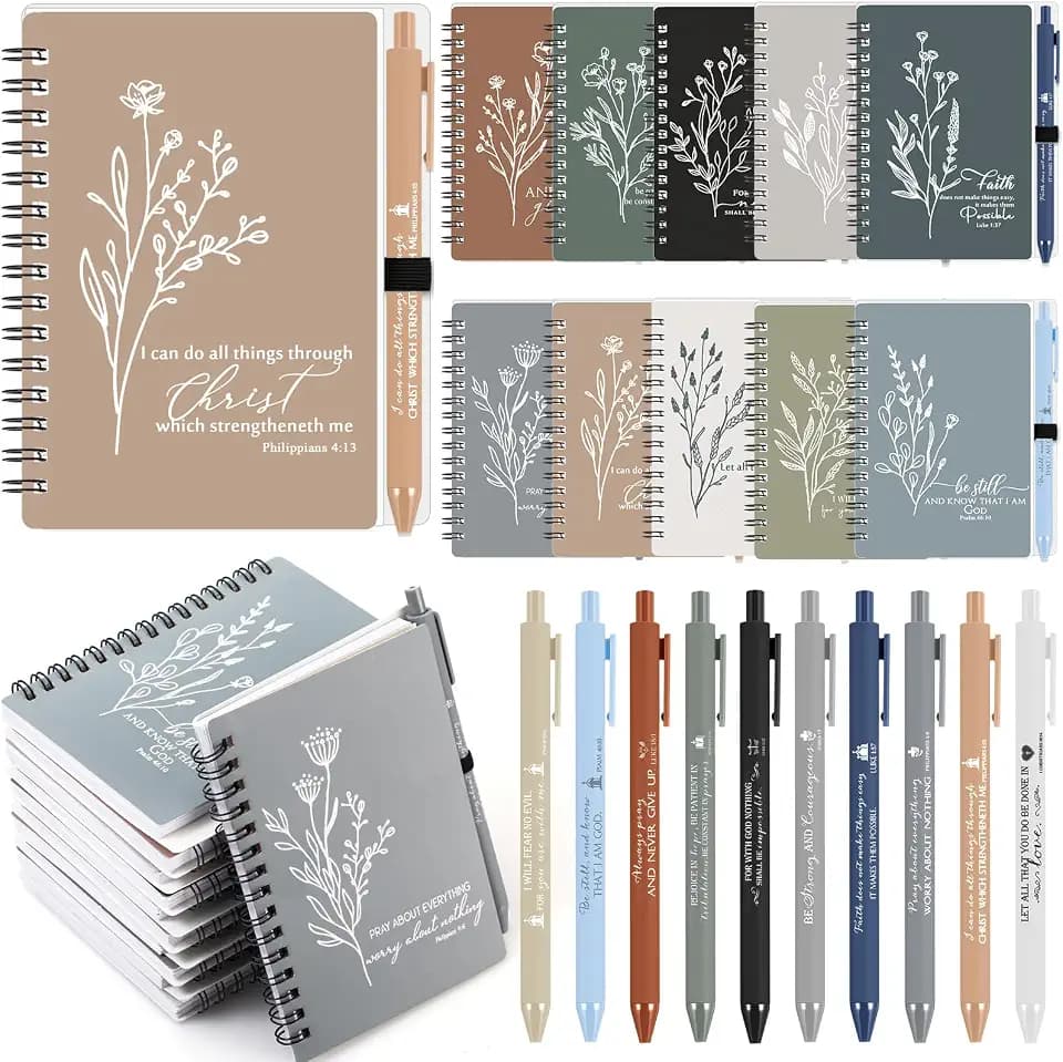 Kosiz 20 Sets Christian Gift Bulk Religious A6 Spiral Notebook Journaling Study Supplies Scripture Notepad Ballpoint Pen for Church Sunday School Men Women Teachers (Neutral Colors)