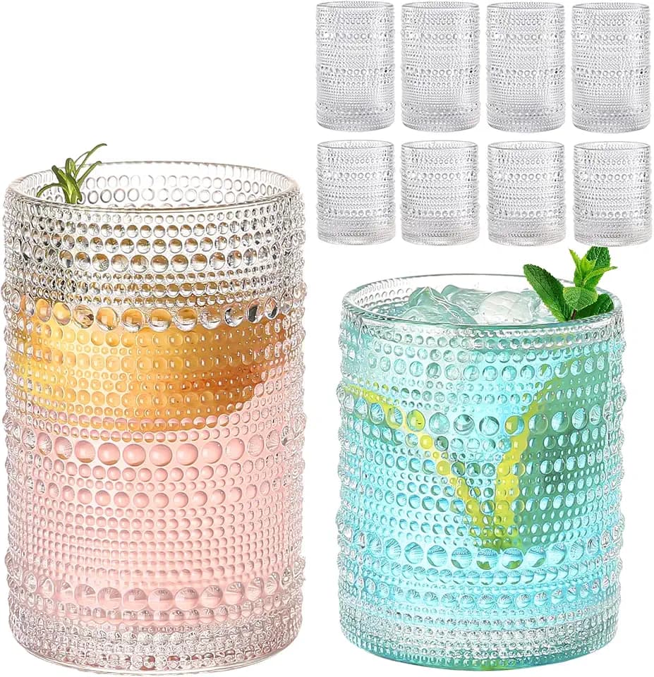 ZMOWIPDL 12oz & 15oz Hobnail Drinking Glasses,Clear Glass Cups Set of 8