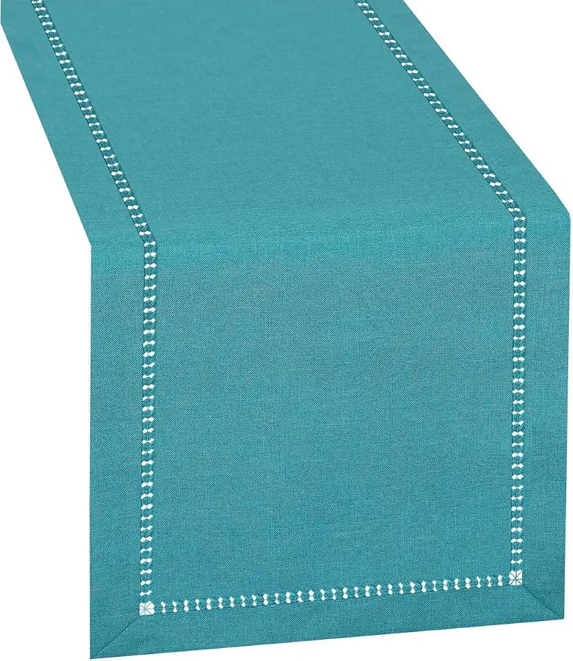 Grelucgo Handmade Hemstitch Teal Table Runner Dresser Scarf, Rectangular 14 by 60 Inch