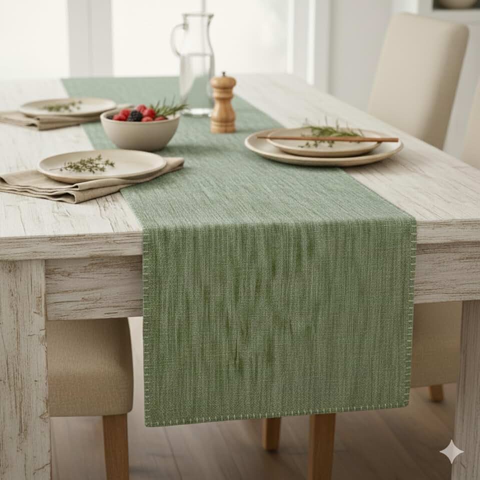 Short Coffee Table Runner Cotton Modern Kitchen Table Runner with Decorative Stitch at Edge Dresser Scarf Dining Table Washable Cloth Small Furniture Top Cover 14"x48" Green