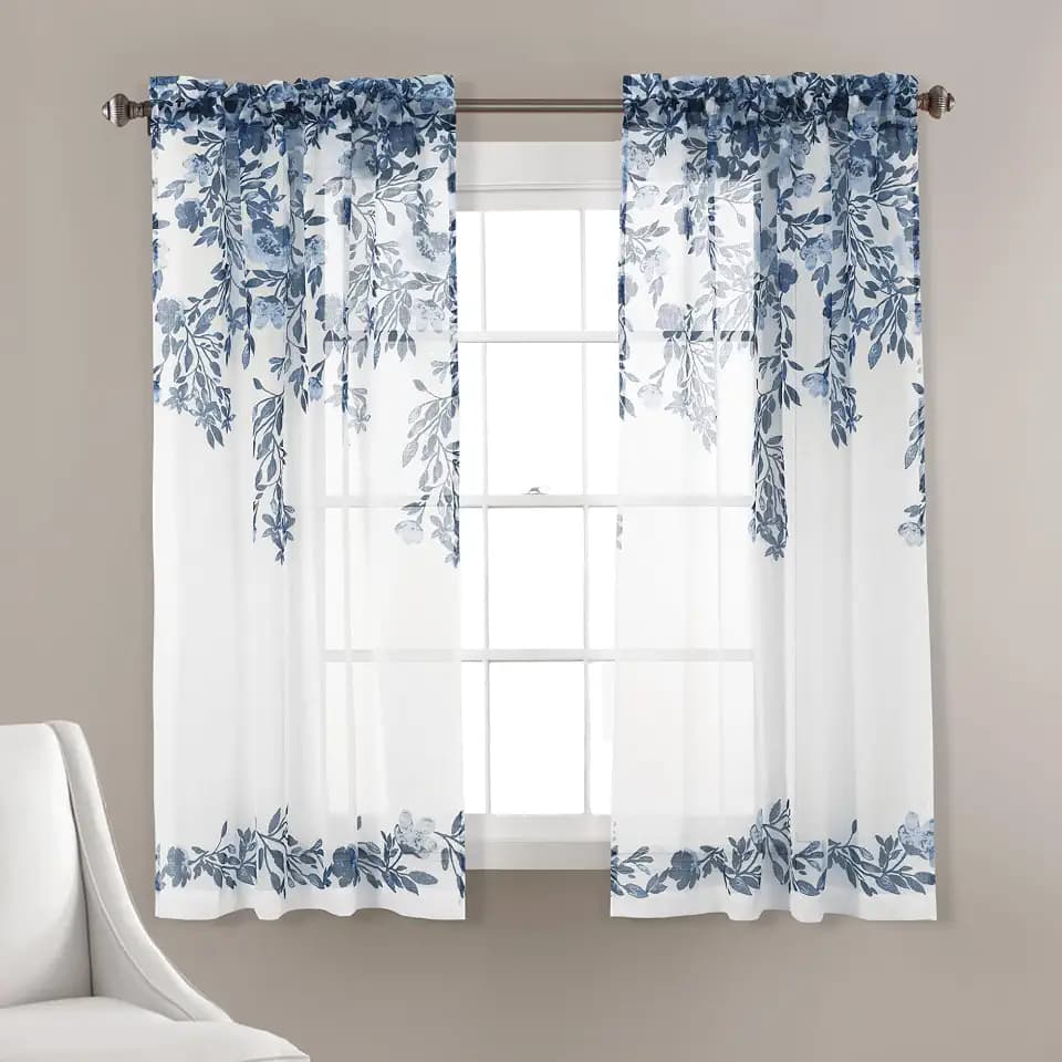 Lush Decor Tanisha Curtains - Sheer Window Panel Set - Floral Vine Print, Beautiful, Modern, Elegant Home Decor - 38" W x 63" L, Navy & White