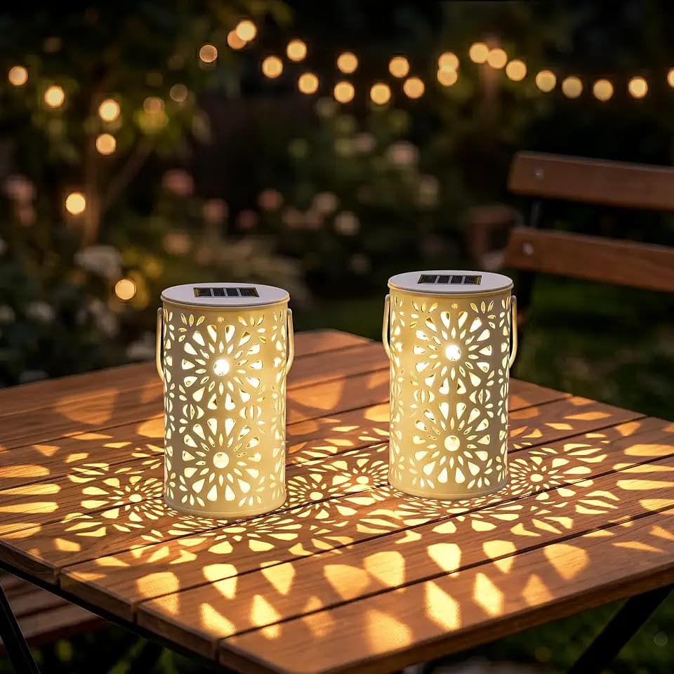 Solarlampen für Außen, 2 Stück Solarlaterne für Gartendeko LED Metall Solarleuchten Hängend Solar Gartenleuchte Stehend Wetterfest Solar Wegeleuchte für Draußen Balkon Terrasse Tisch Baum Hof Camping