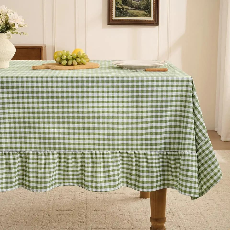 Romanstile Gingham Ruffled Tablecloth Rectangle, 60 x 120 Inch, Sage Green