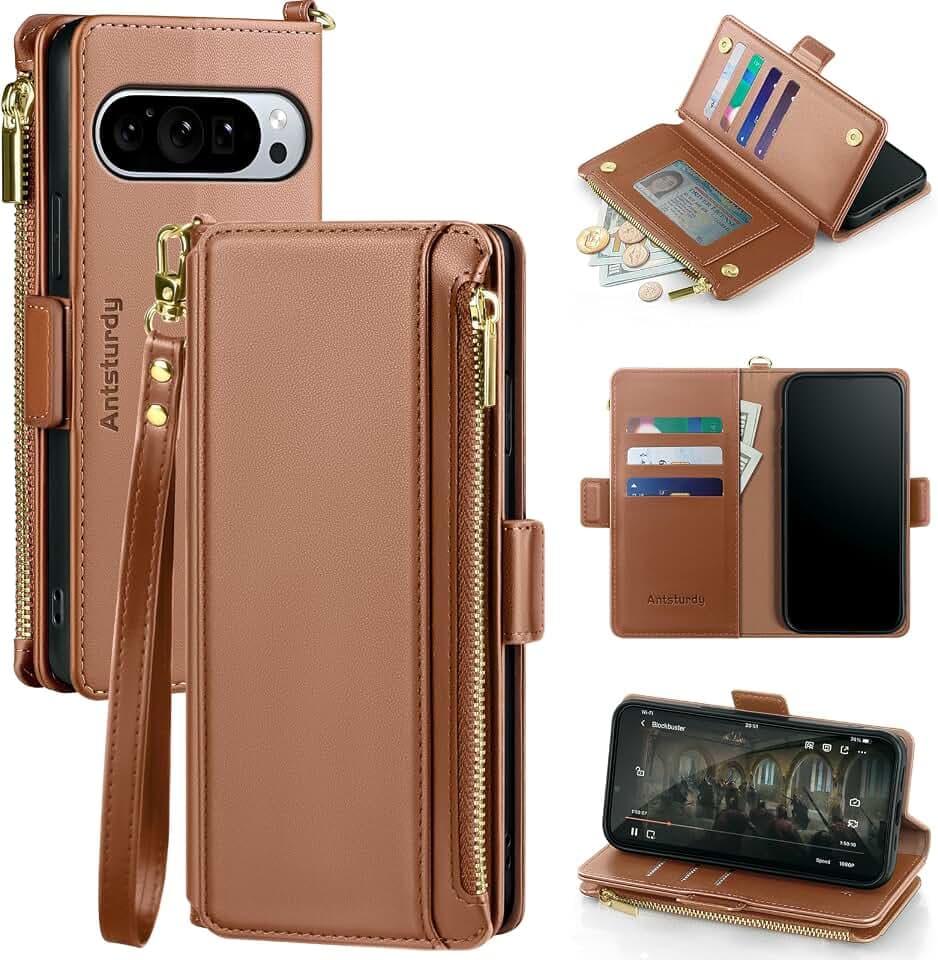 Antsturdy Compatible with Google Pixel 10/ Pixel 10 Pro Wallet Case with Card Holder Women Men Phone Case RFID Blocking PU Leather Flip Cover Wrist Strap Zipper Credit Card Slots,Light Brown