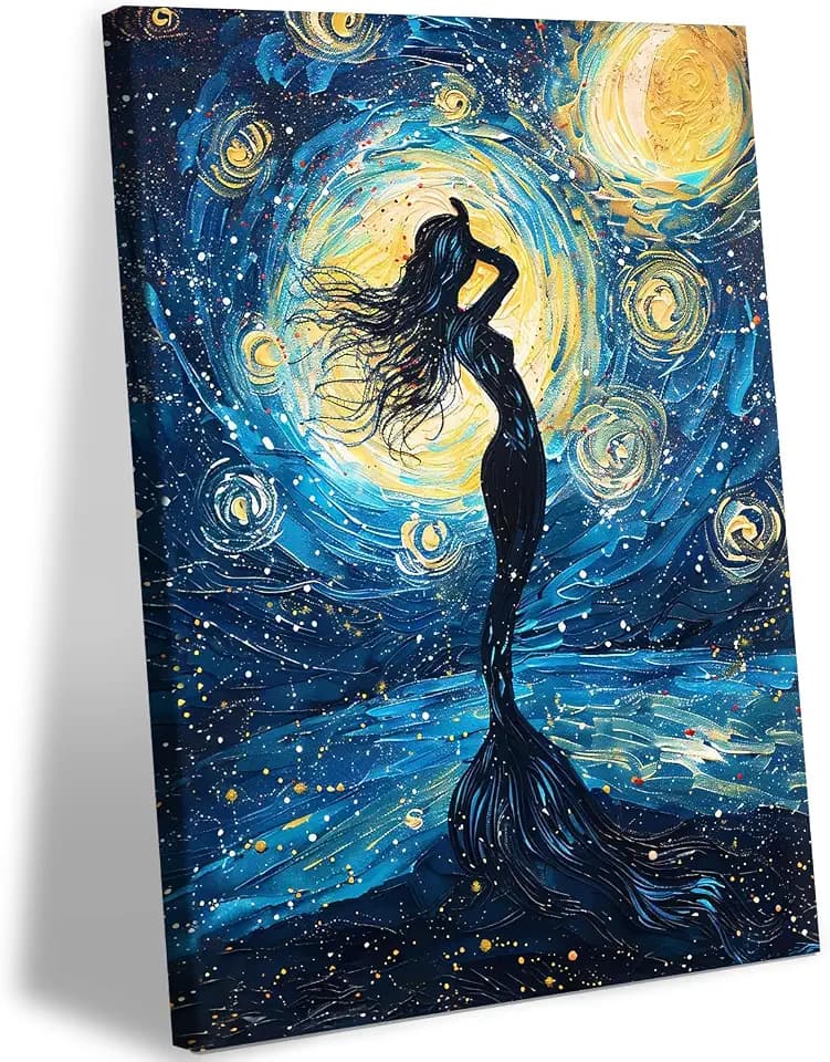 EEYNAQQ Starry Night Mermaid Canvas Wall Art Van Gogh Style Painting Prints 16x24 Inch Abstract Surrealist Style Artwork Framed Posters Wall Decor for Living Room Bedroom Bathroom Children's Room