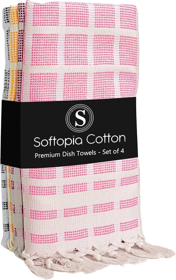Matrix Dobby Kitchen Towels Set of 4, 100% Cotton, Combo Pack, 16"x26", Absorbent Tea Towels with Tassels, Reusable Cleaning Cloths - Rose Pink, Burgundy, Mustard Yellow, Grey
