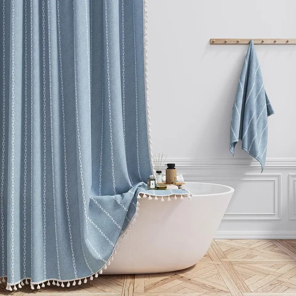 BTTN 72x78 Long Boho Farmhouse Linen Heavy Duty Cloth Shower Curtain, Blue