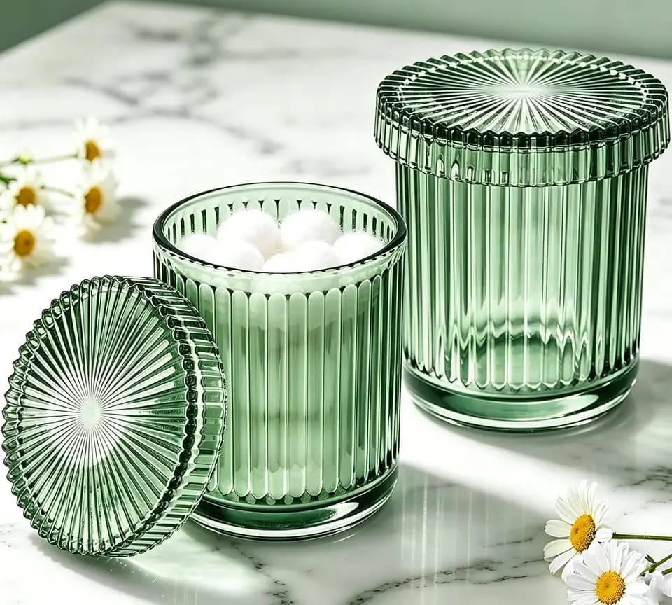 2 Pack Glass Qtip Holder Dispenser Set - Bathroom Organizer for Cotton Swabs, Balls, Pads, Floss Picks - Clear Apothecary Jars for Vanity, Makeup Storage, Bathroom Accessories Decor (Green)
