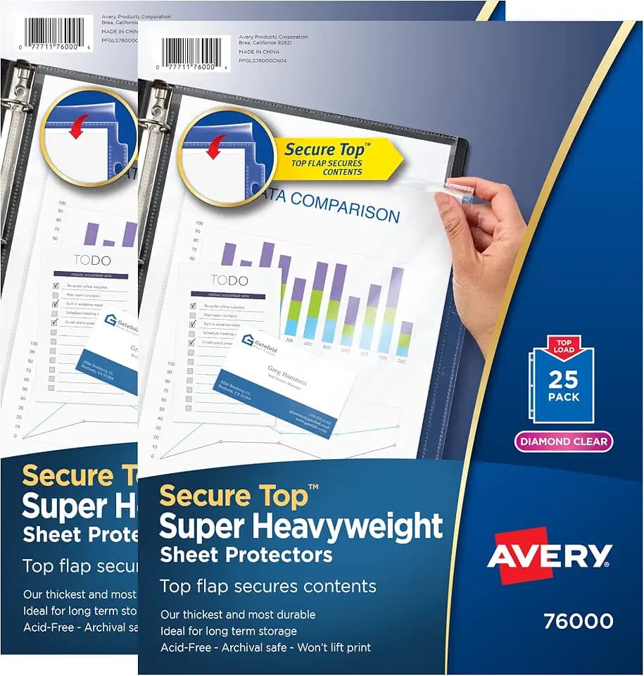 Avery® Diamond Clear Top Sheet Protectors, Super Heavyweight Page Protectors for 3 Ring Binder, Clear Binder Sheet, 25 Count (Pack of 2) (86009)