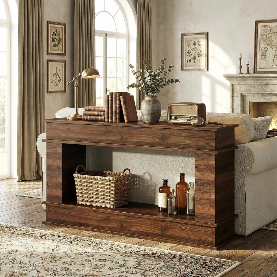 63-Inch Long Console Table, Farmhouse Entryway Table with Open-Back Storage, Wood Narrow Entry Table Couch Table behind Sofa, Modern Entrance Table for Living Room, Hallway, Foyer, Behind Couch,Walnut